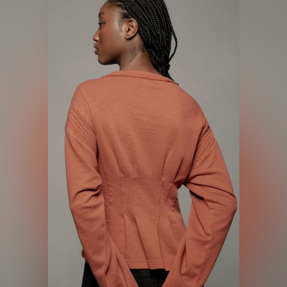 Anthropologie Pilcro Long-Sleeve Cocoon Corset Top Dark Orange Peplum Pleated XS - Picture 3 of 10